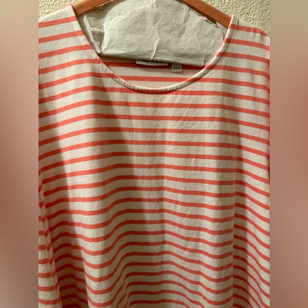 Denim & Co. Top Women’s Size 2X Striped Pink/ White 3/4 Sleeve With Lace Trim - Picture 2 of 7